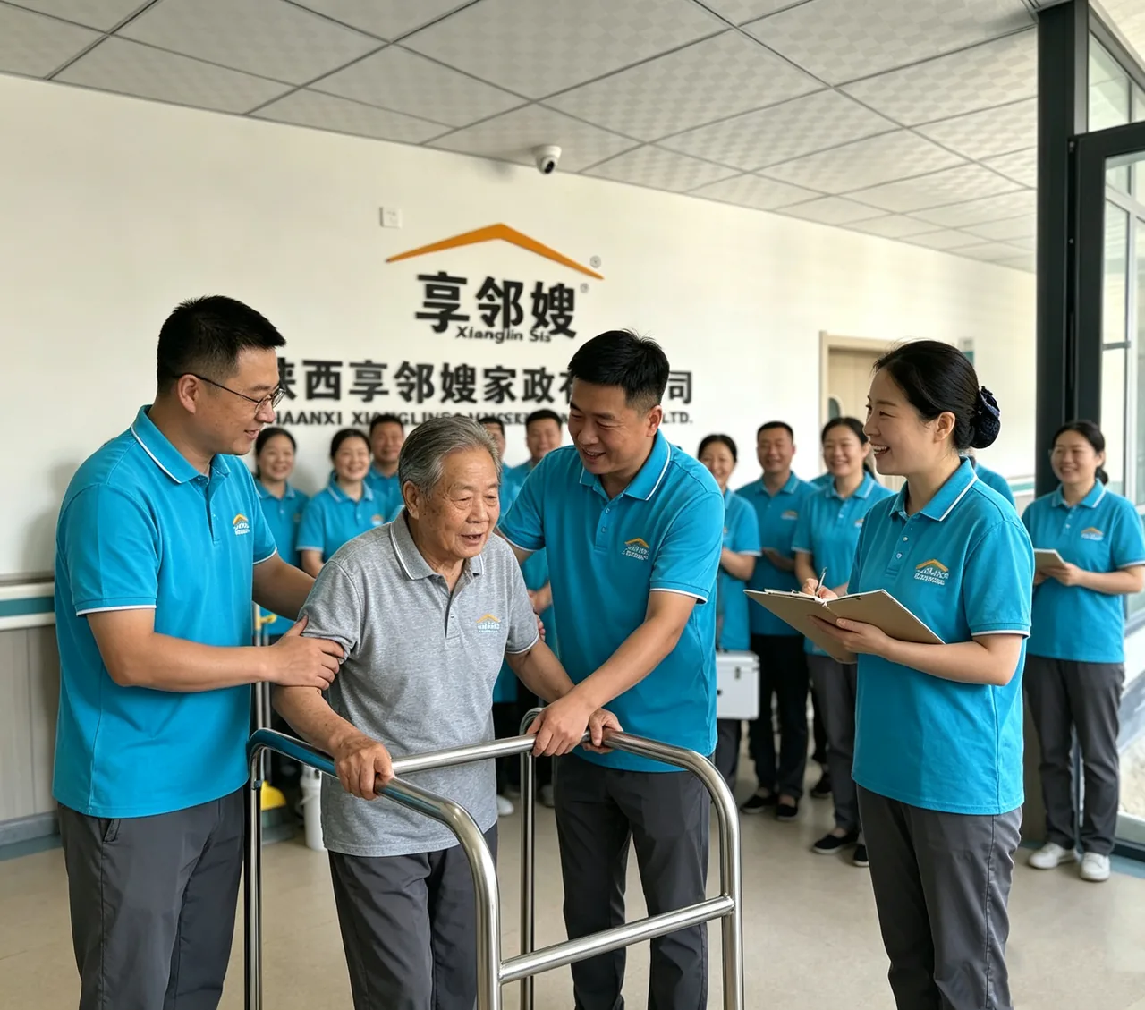 享邻嫂实训室内学员练习轮椅转移